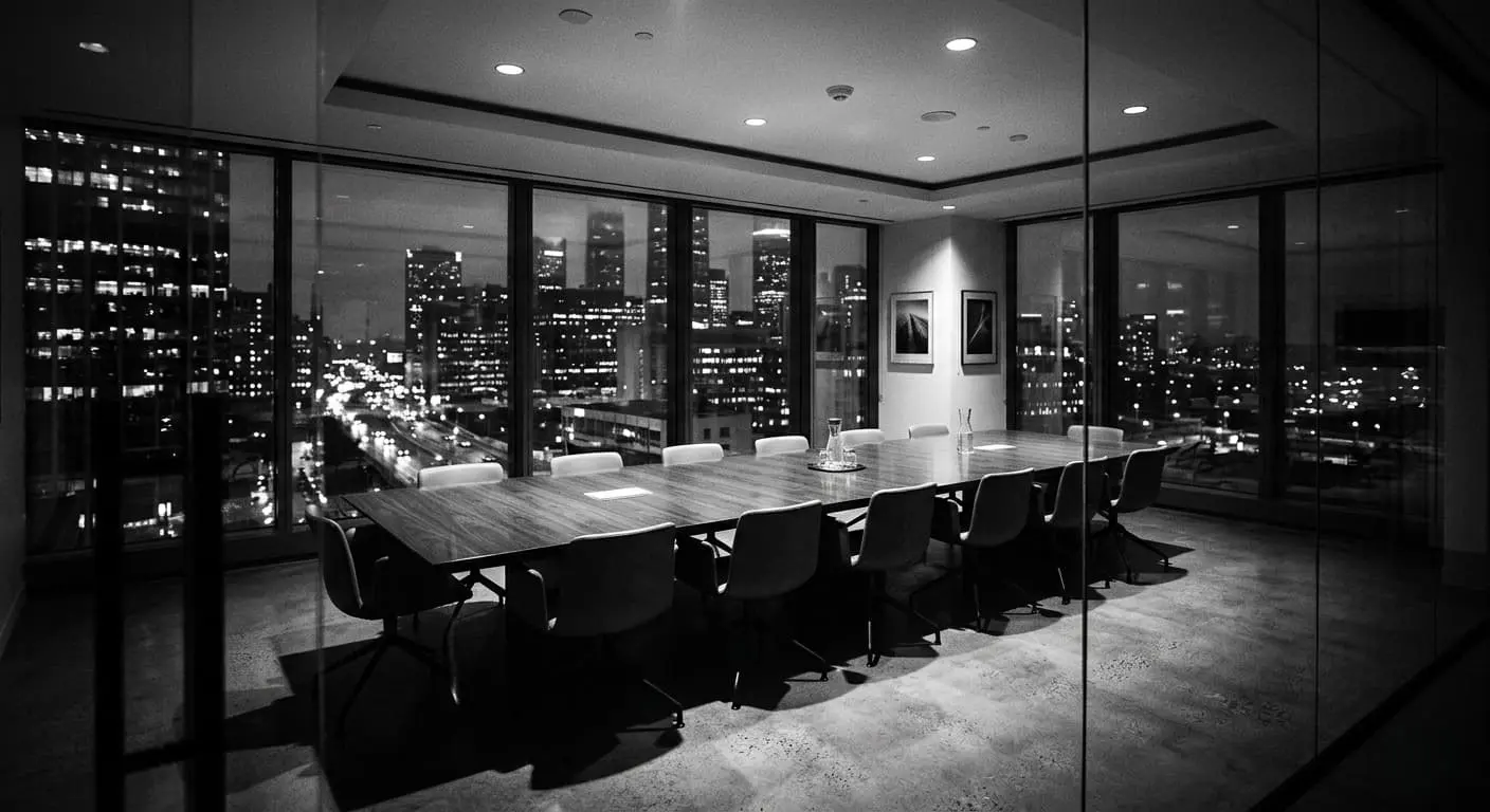 Nighttime boardroom with a long conference table, chairs, and a city skyline beyond the windows.